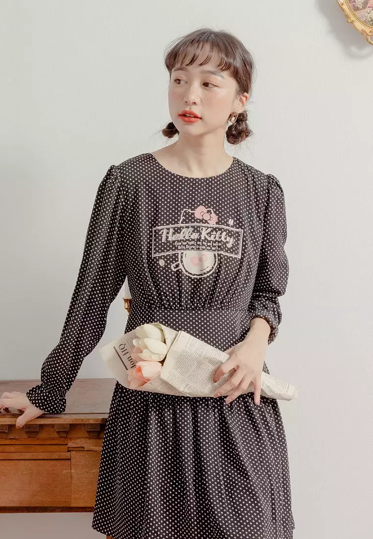 KITTY拿鐵咖啡系列．咖啡豆圓點印花後綁帶雪紡洋裝《KB1404》