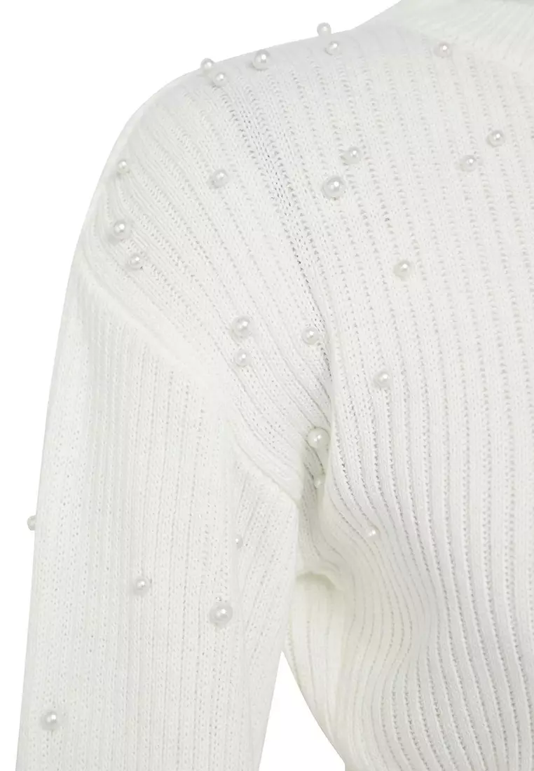 Ecru Pearl Detailed Crew Neck Knitwear Sweater Twoaw22Kz1493