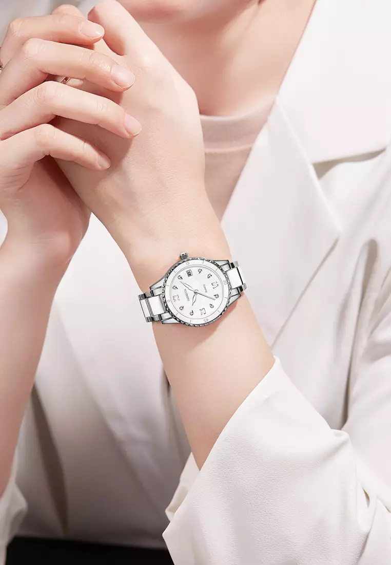 Jam Tangan Wanita Korea Berlian Original Anti Air Tali Keramik Jam Tangan Cewek New Wanita silverwhite