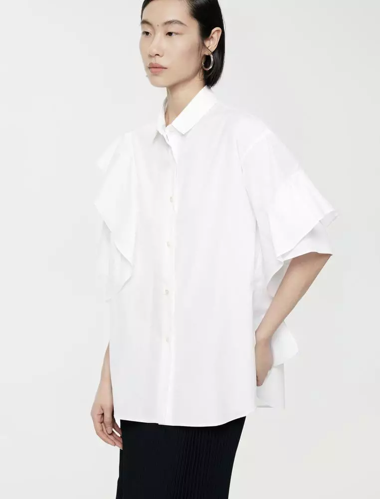Ruffle Trim Polo Collar Short Sleeve Shirt