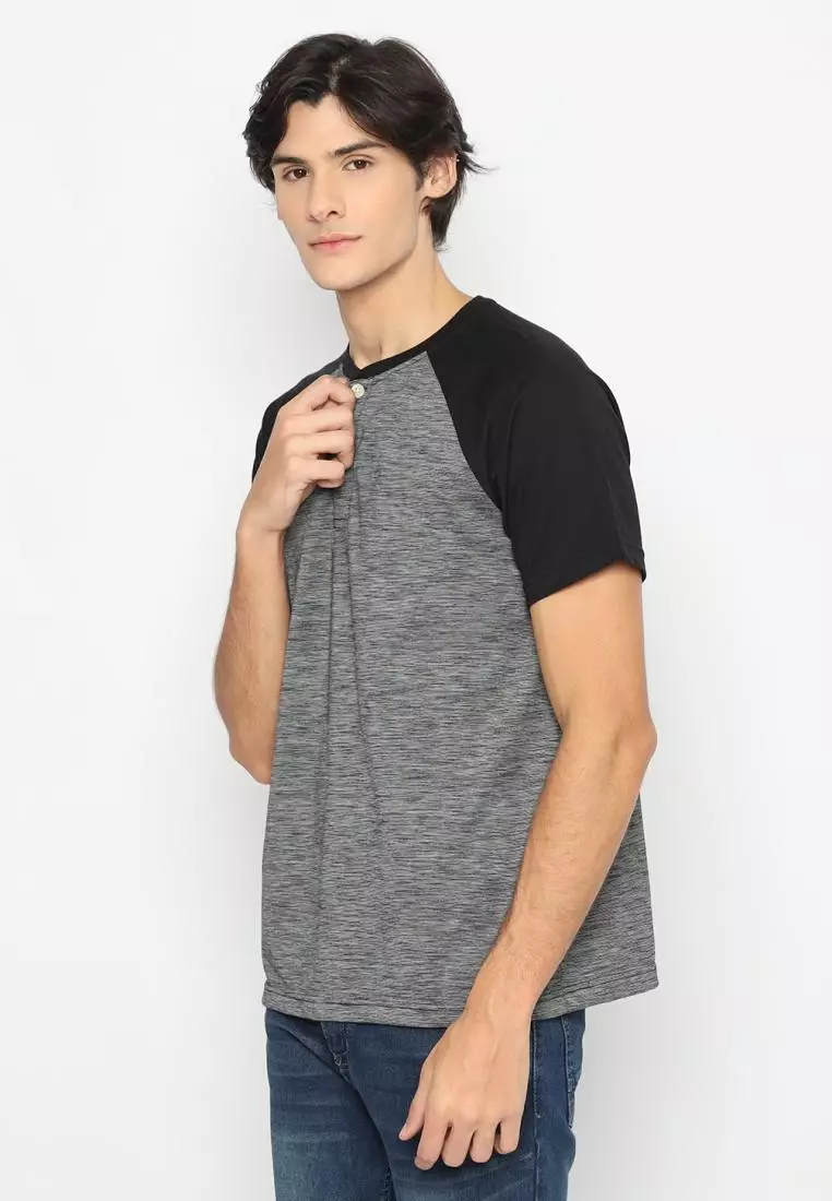 MATSUDA Kaos Pria T Shirt Henley Texture Slub Kawagoe