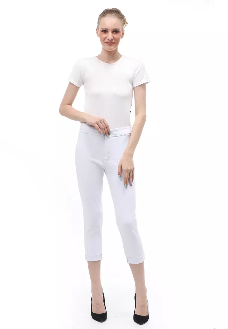 Jeans 7/9 Bawahan Wanita High Waist Design Simple Relaxed Fit - White