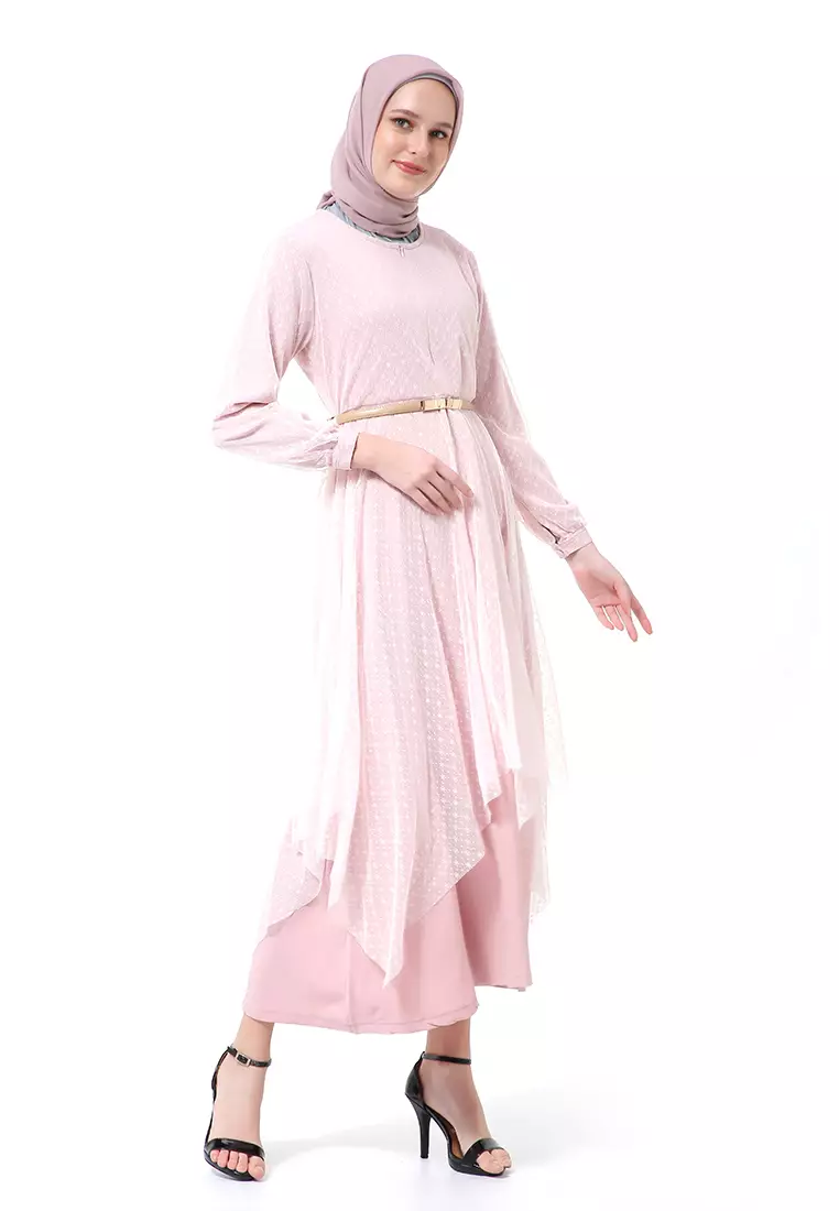 Zahwa Long Dress Gamis Muslimah Long Sleeve Free Belt High Quality - Pink