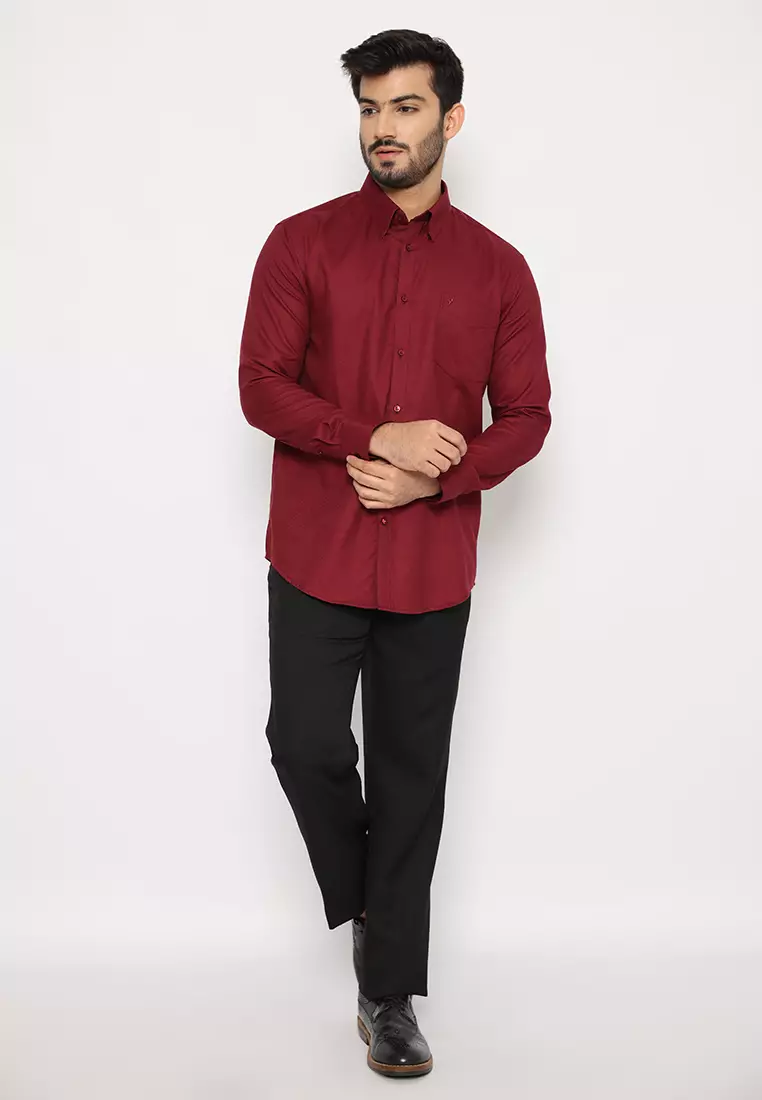 Jobb Brioni Kemeja Pria Lengan Panjang Regular Fit Maroon 3