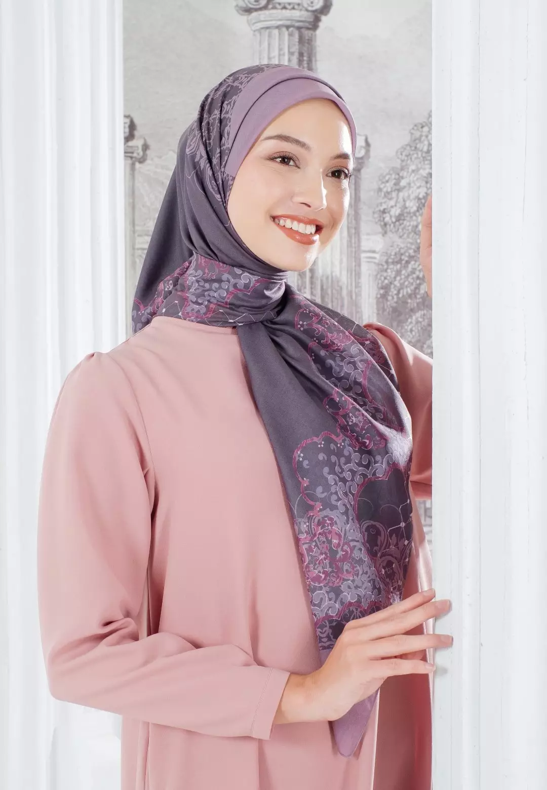 FUGY Scarf Maroon - Kerudung Hijab Segiempat Motif With BOX - Bahan Voal Premium - Ukuran 115x115