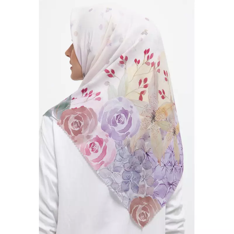 Le Floral Digitalized Handpainted Print Scarf W/ Matching Mask In Peach