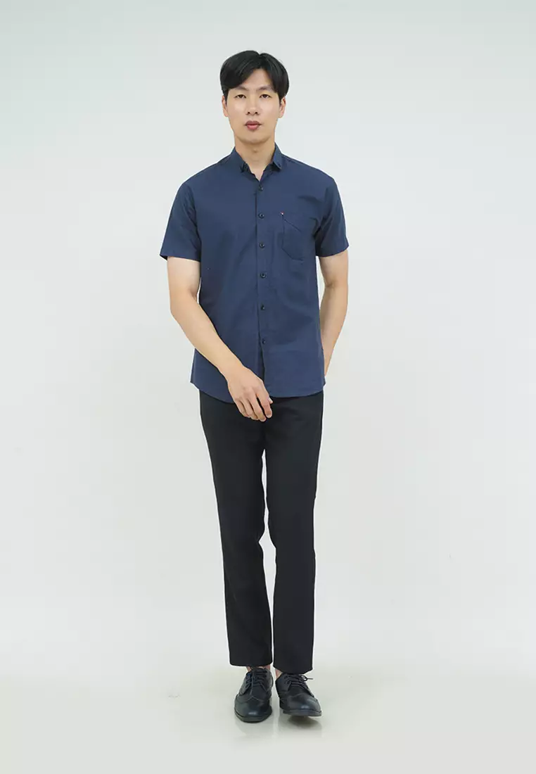Kemeja lengan pendek pria formal slim fit navy houseofcuff