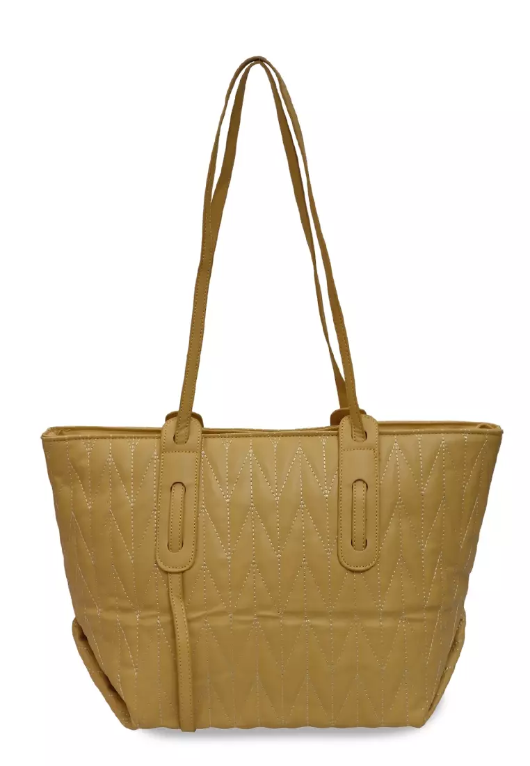 Laura Tas Kerja Wanita Tote Bag Motif Polos Large Compartment Material Leather ORIGINAL - Yellow