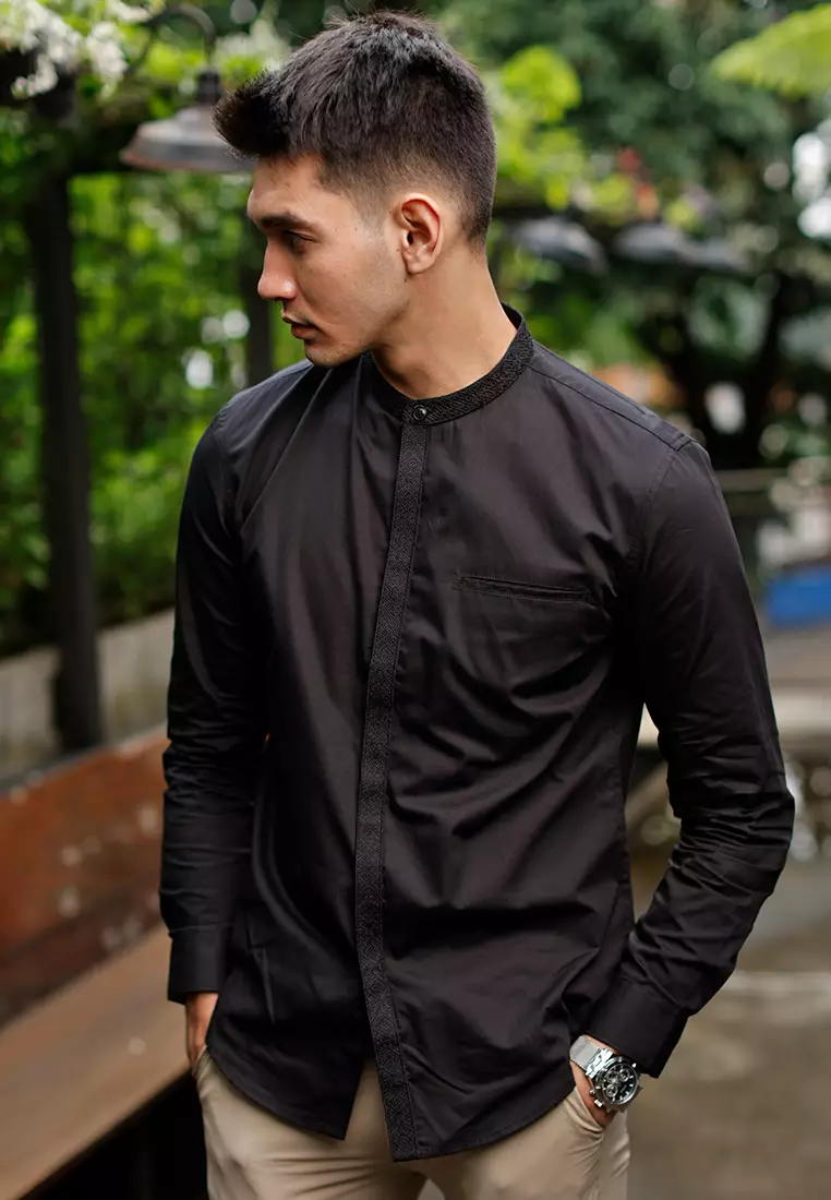 OXCON Kemeja Tangan Panjang koko bordir embrodiery collarless shirt Black