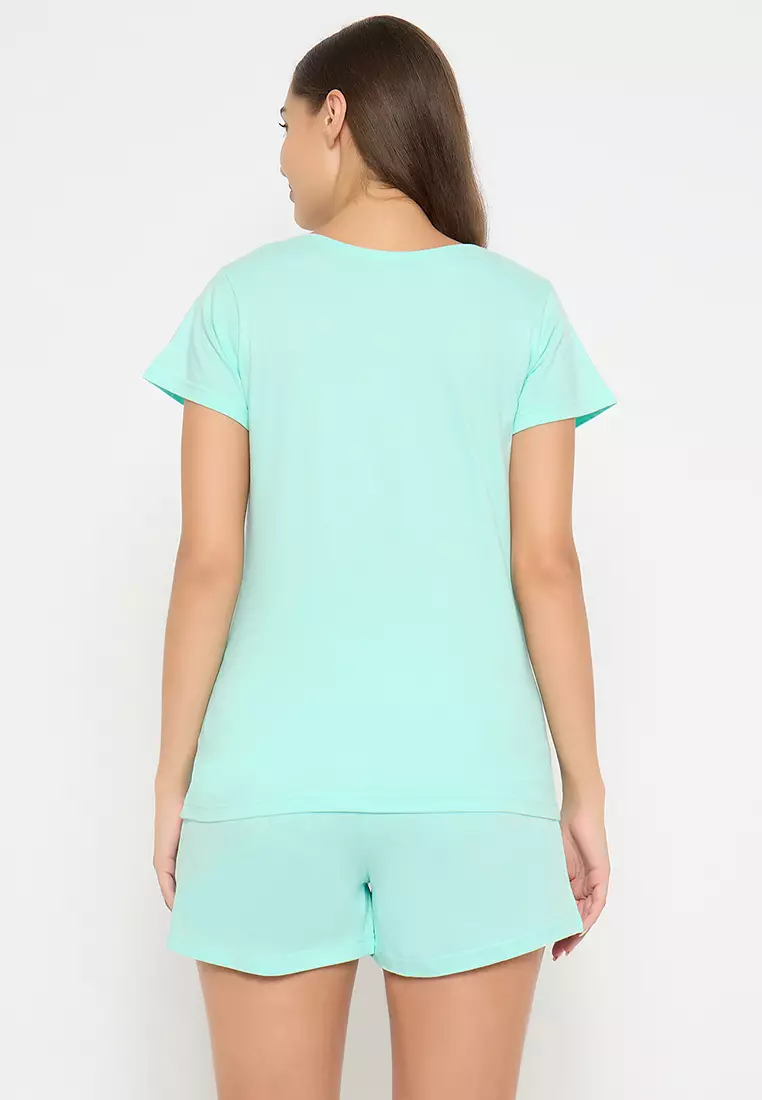 Clovia Cute Panda Print Top & Shorts in Light Blue - 100% Cotton