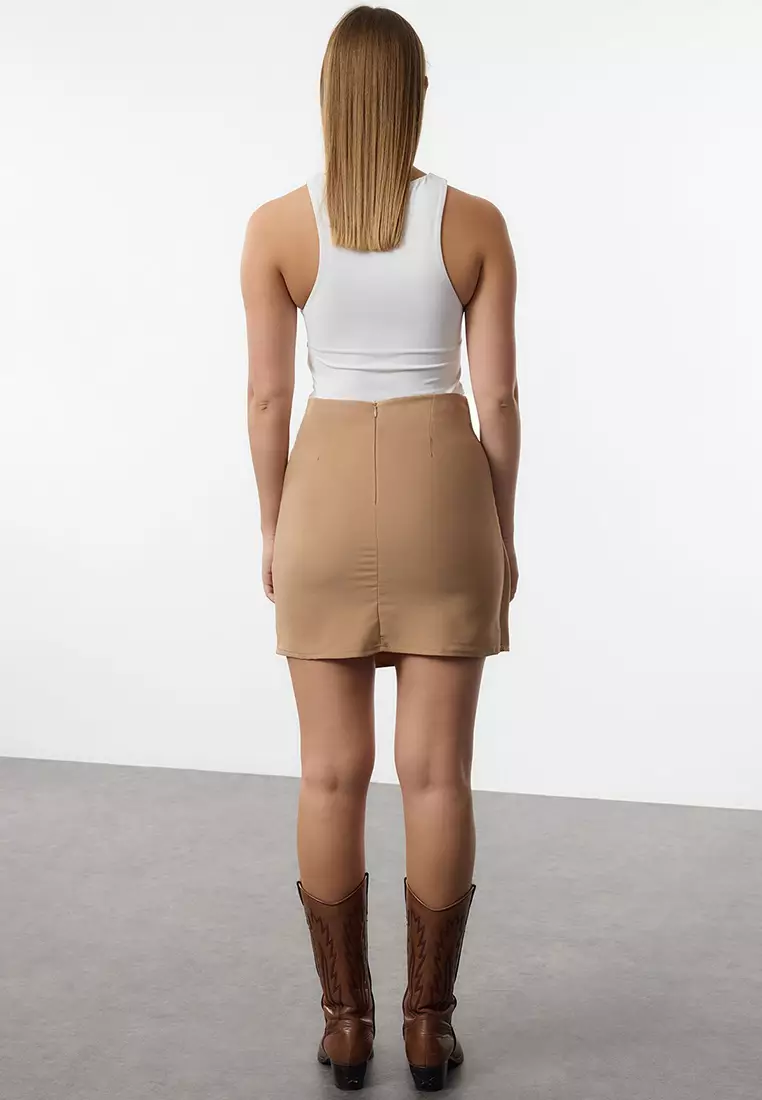Camel Double Breasted Mini Length Woven Skirt TWOAW25ET00070