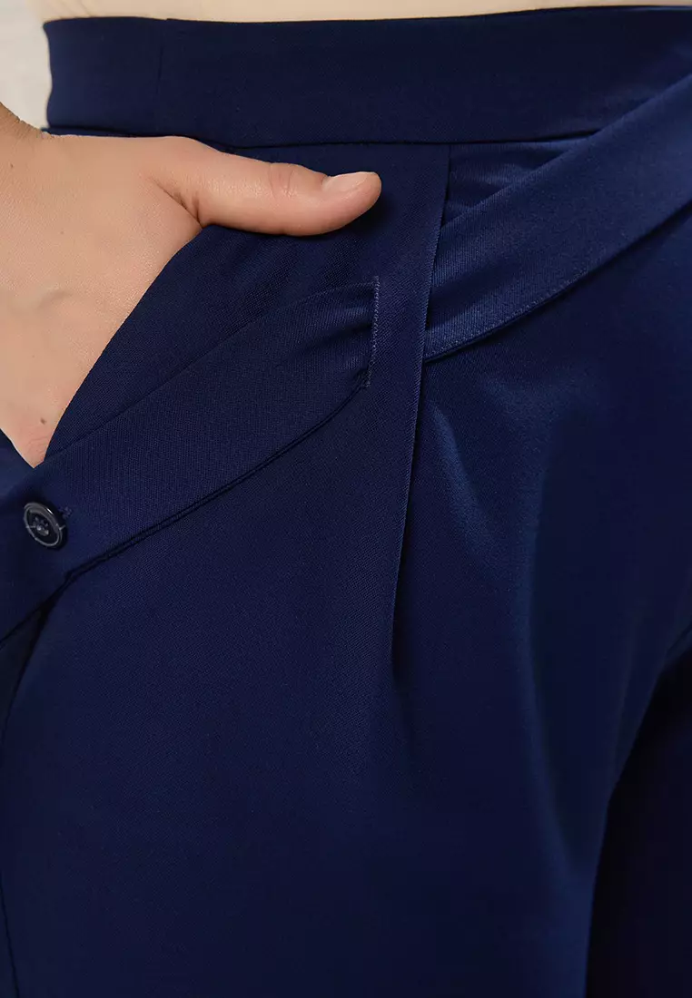 Navy Blue High Waist Wide Leg Woven Trousers Tbbss25Ar00039