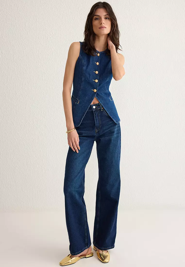 Dark Blue Gold Buttoned Stitch Detailed Denim Vest