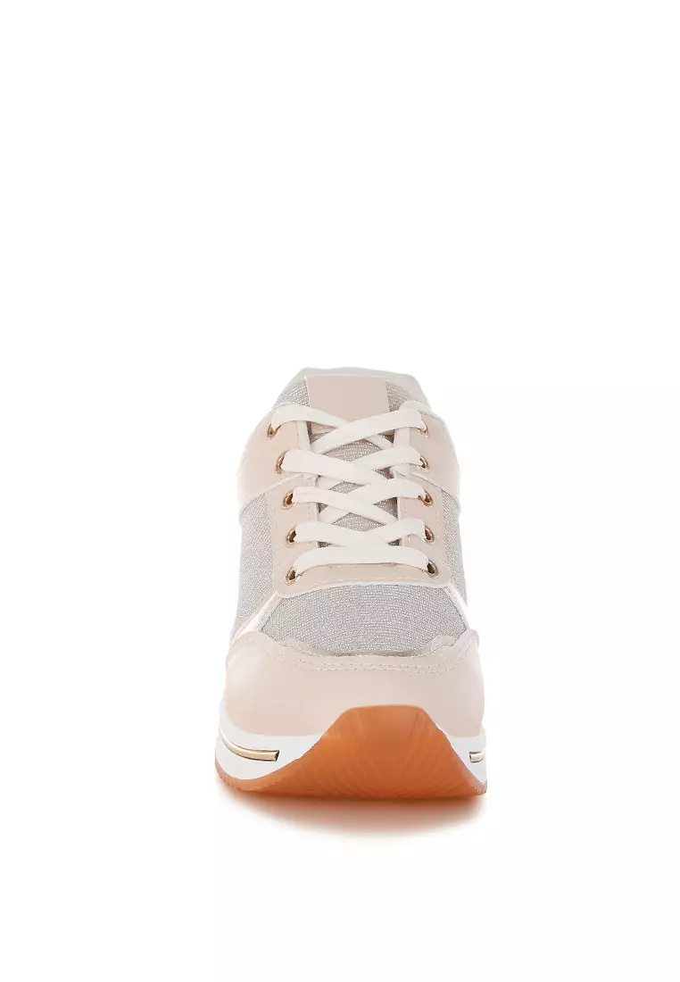 Faux Leather & Mesh Sneakers In Beige