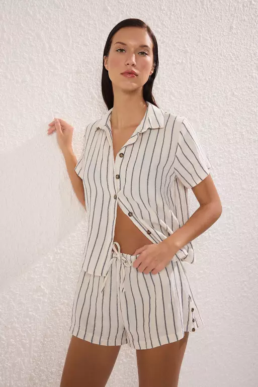 Striped Woven Muslin Beach Shirt Shorts Set TBESS25AU00068