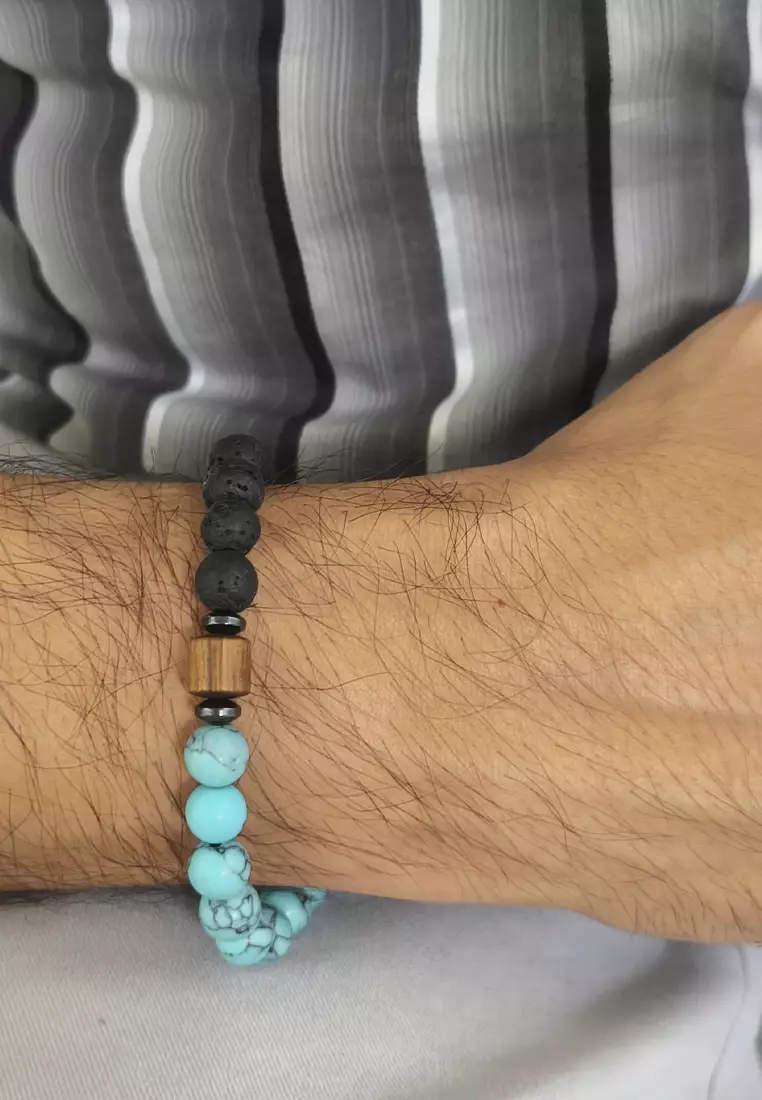 Aksesoris Gelang Pria Macrame Wooden Stump Center Turqouise & Lava Stones Bracelet Black & Turqouise