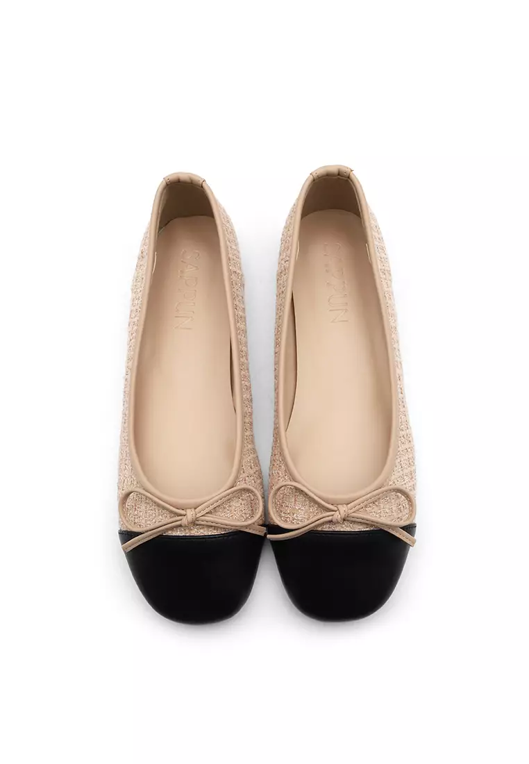 Malette Tweed two tone Ribbon Flats (1cm) - Beige