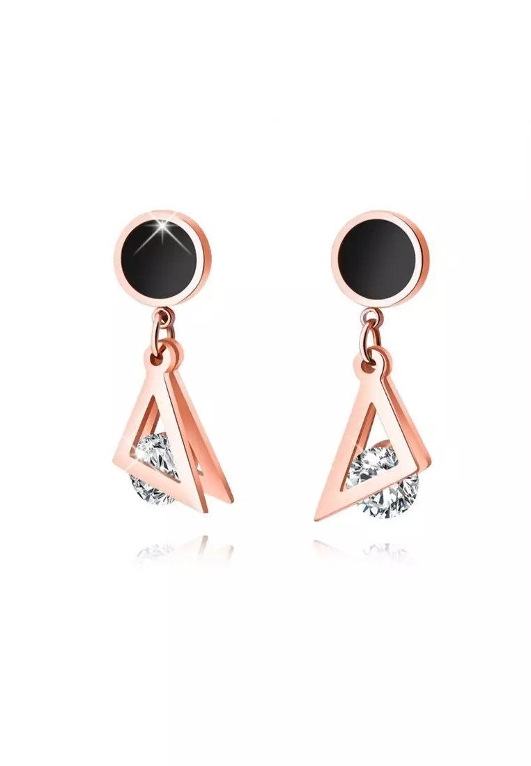 Geometric Triangle Drop Earrings-Rose Gold/Black