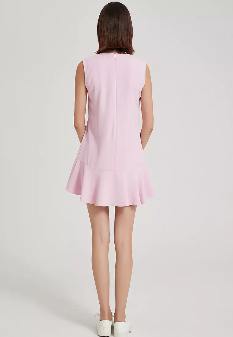 时尚气质高端简约无袖圆领荷叶边背心连衣裙经典纯红哑光缎面连身裙 B22041208PI