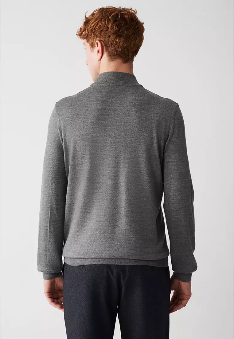 Men's Gray Half Turtleneck Wool Blended Front Patterned Knitwear Sweater A32Y5193