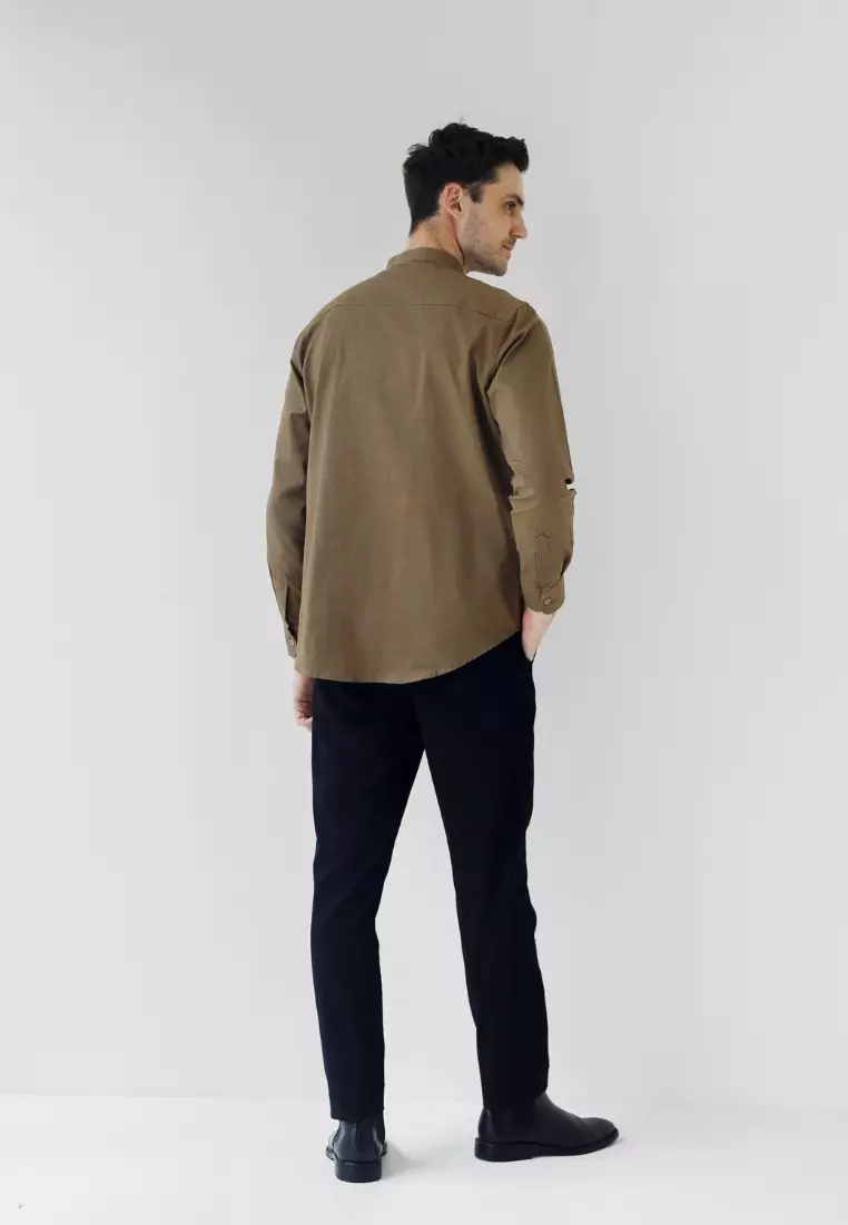 Cotton Well Oman Henley Shirt Olive Brown │Kemeja Koko Basic Lengan Panjang Hijau Coklat