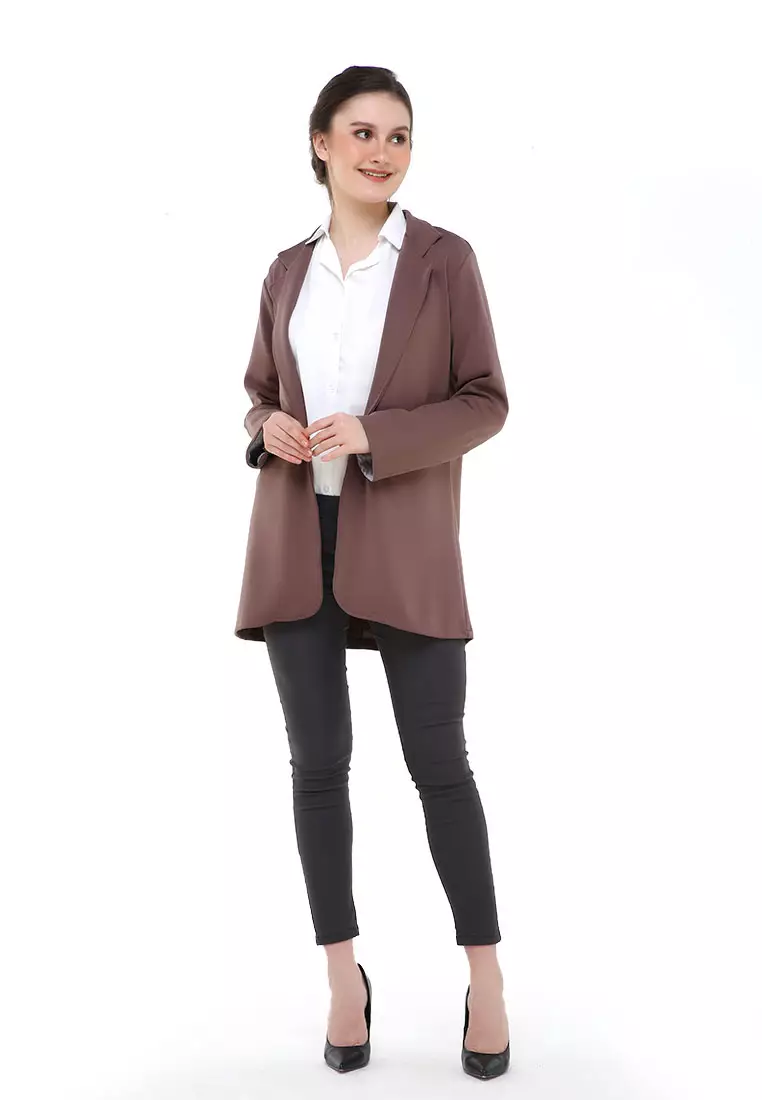Qemsya Blazer Wanita Two Pockets Two Tone Casual Longsleeve Outer Material Bubbly Strecth ORIGINAL - Dark Brown
