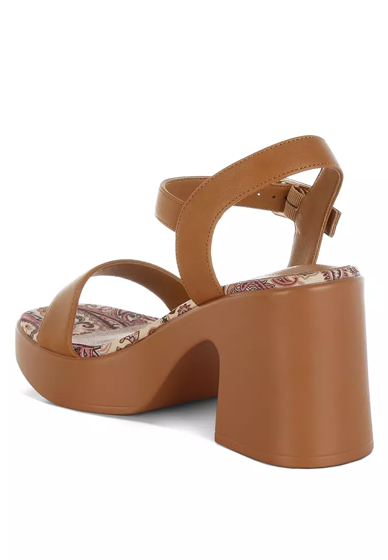 Faux Leather Pin Buckle Platform Heels in Tan