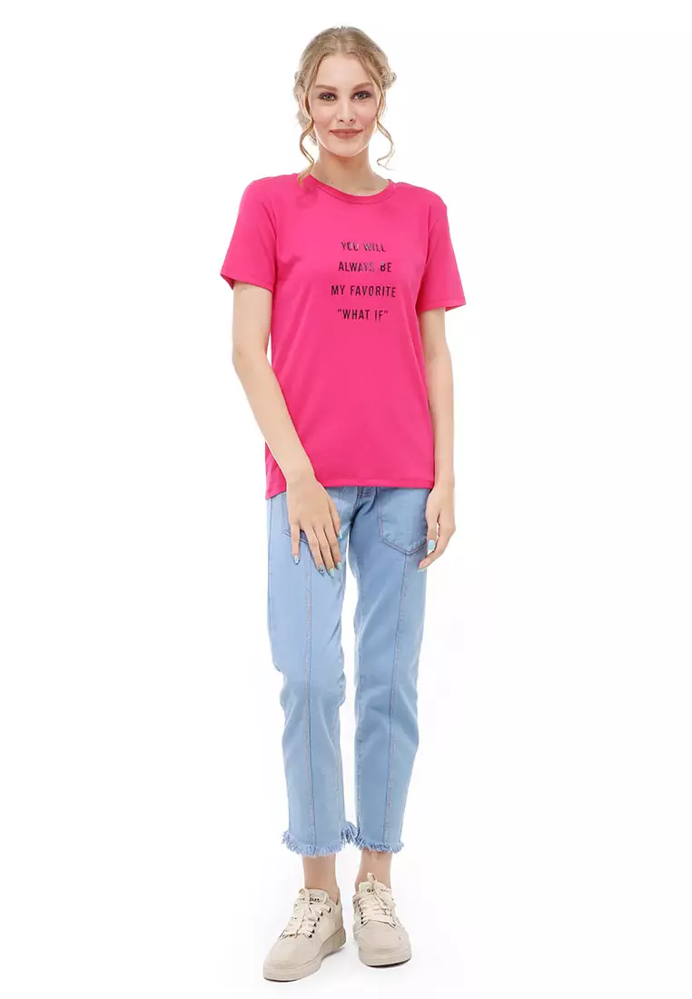 Genevie Kaos Kasual Wanita Lengan Pendek You Will Be Material Cotton ORIGINAL - Pink Fanta