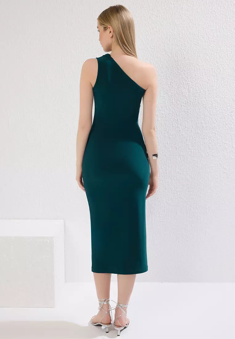 Emerald Green Plain One Shoulder Draped Fitted Stretch Knit Dress