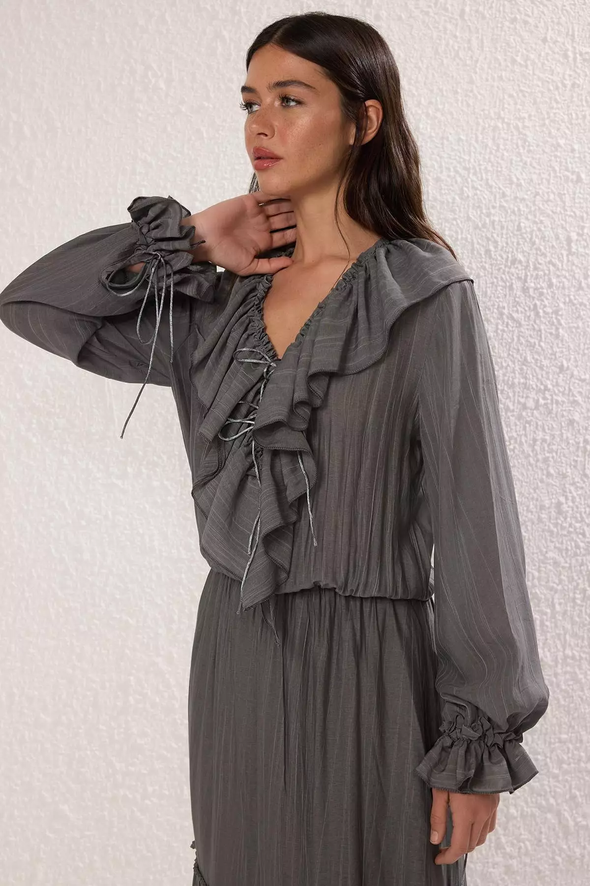 Anthracite Waist Elasticated Ruffled Maxi Dress