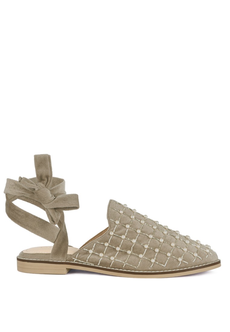 Crisscross Beaded Veil Velvet Mules in Taupe