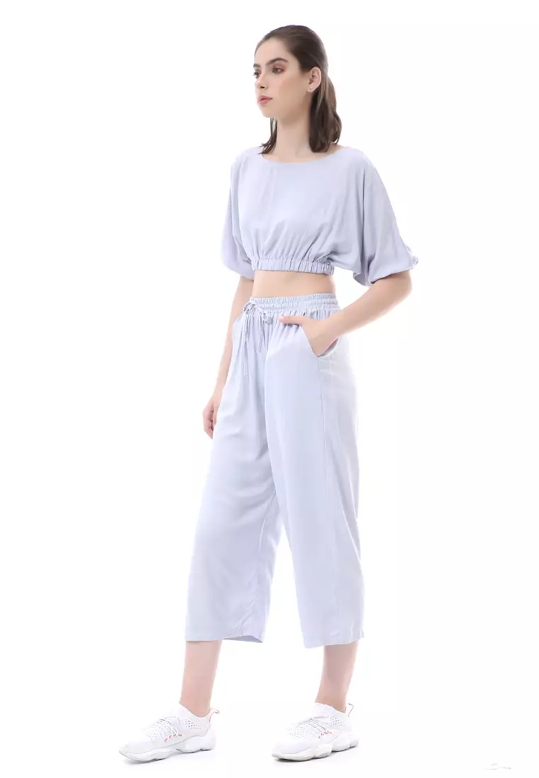 Nayra One Set Setelan Wanita Atasan Crop Lengan 3/4 Celana Kulot Material Rayon ORIGINAL - Bluegray