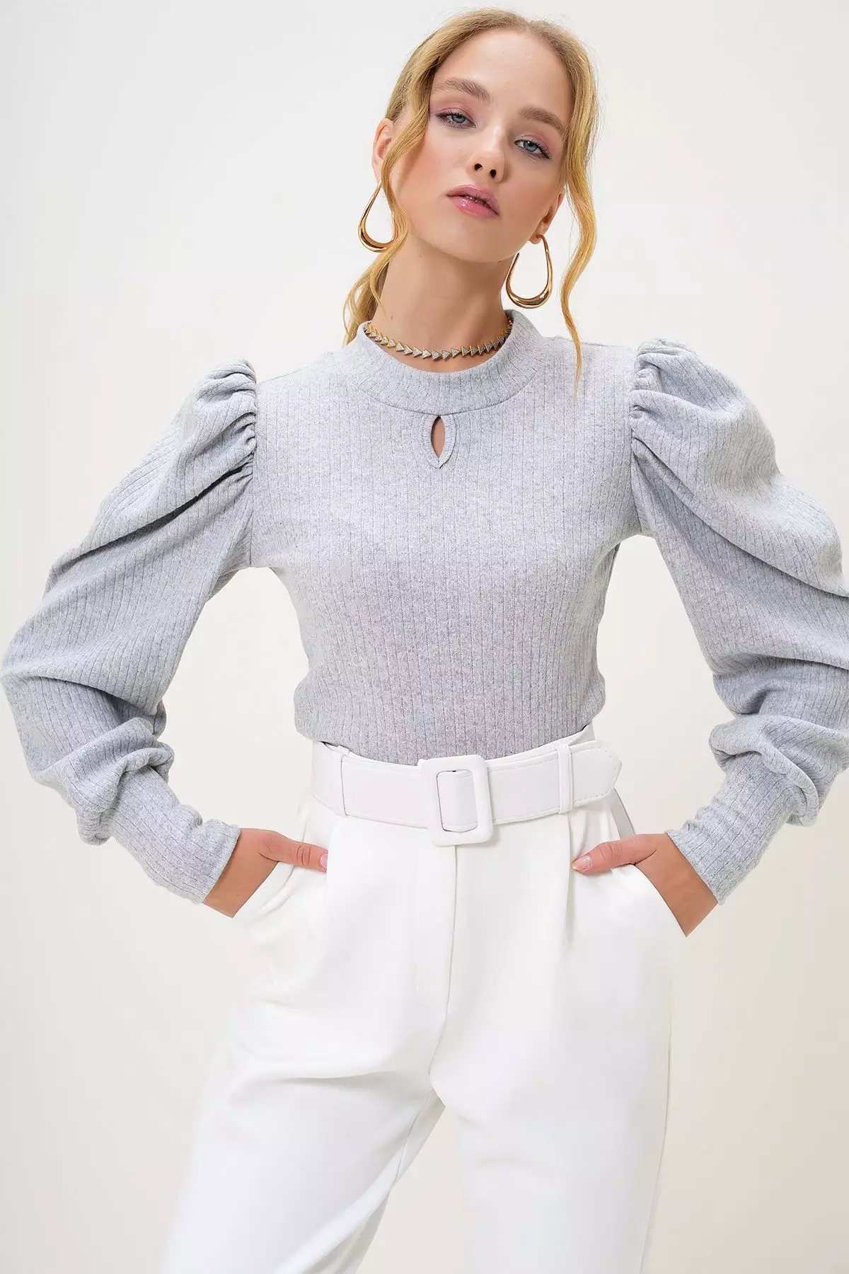 Women's Gray Crew Neck Drop Neck Princess Sleeve Knitwear Blouse