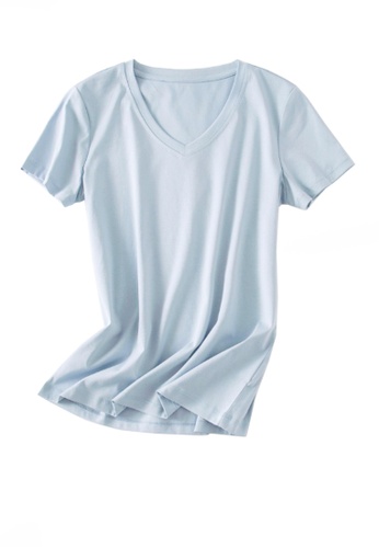 Twenty Eight Shoes blue VANSA V-neck Mercerized Cotton Short-sleeved T-Shirt VCW-Ts1902V B418FAA003B193GS_1