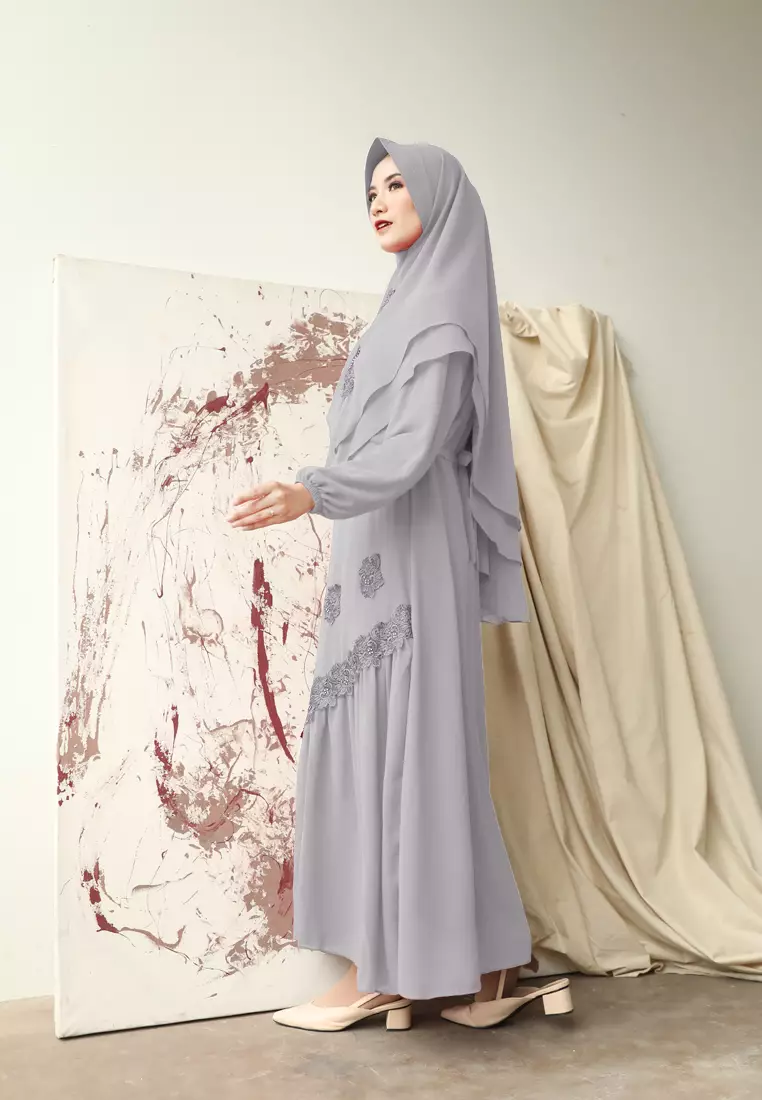 Elwisa Dress | Gamis Khimar Brukat | Long Dress - Silver Grey