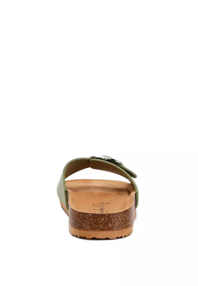 Green Buckle Strap Slip-On Sandals