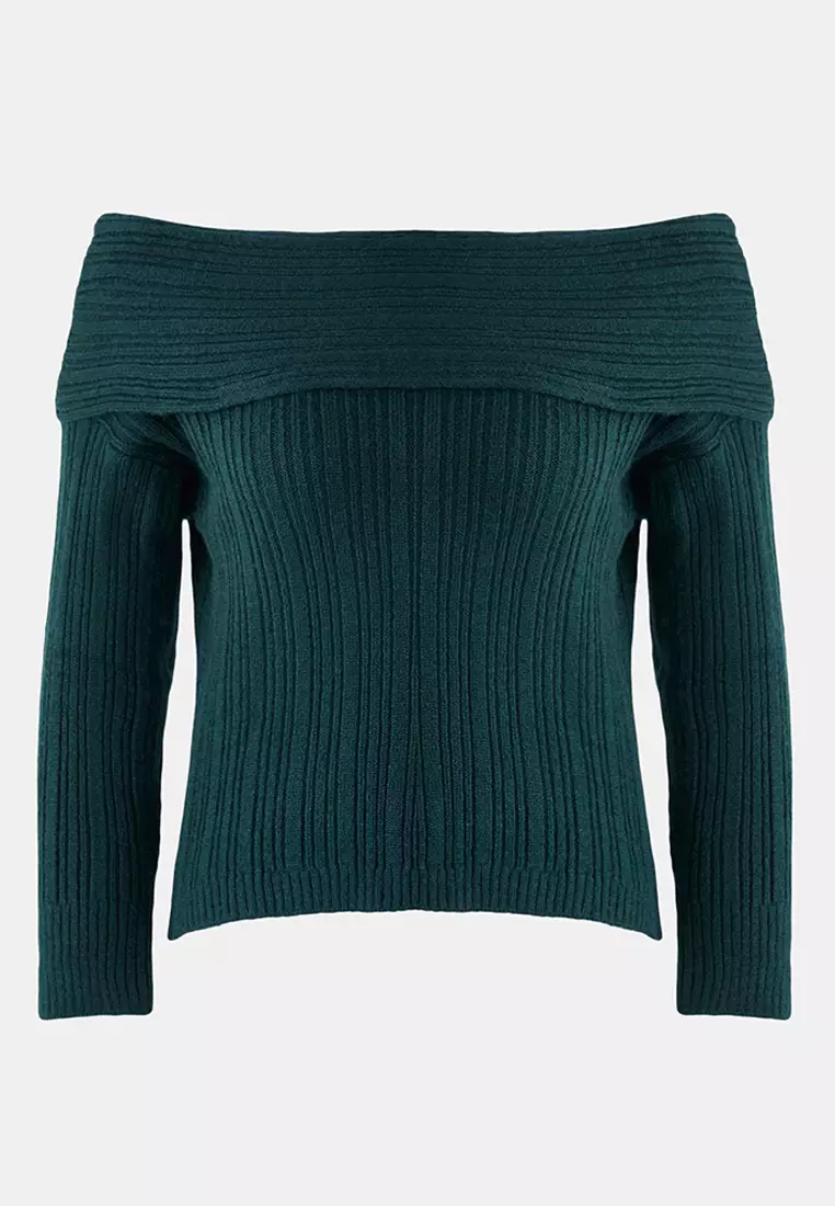 Emerald Green Soft Textured Carmen Collar Knitwear Sweater