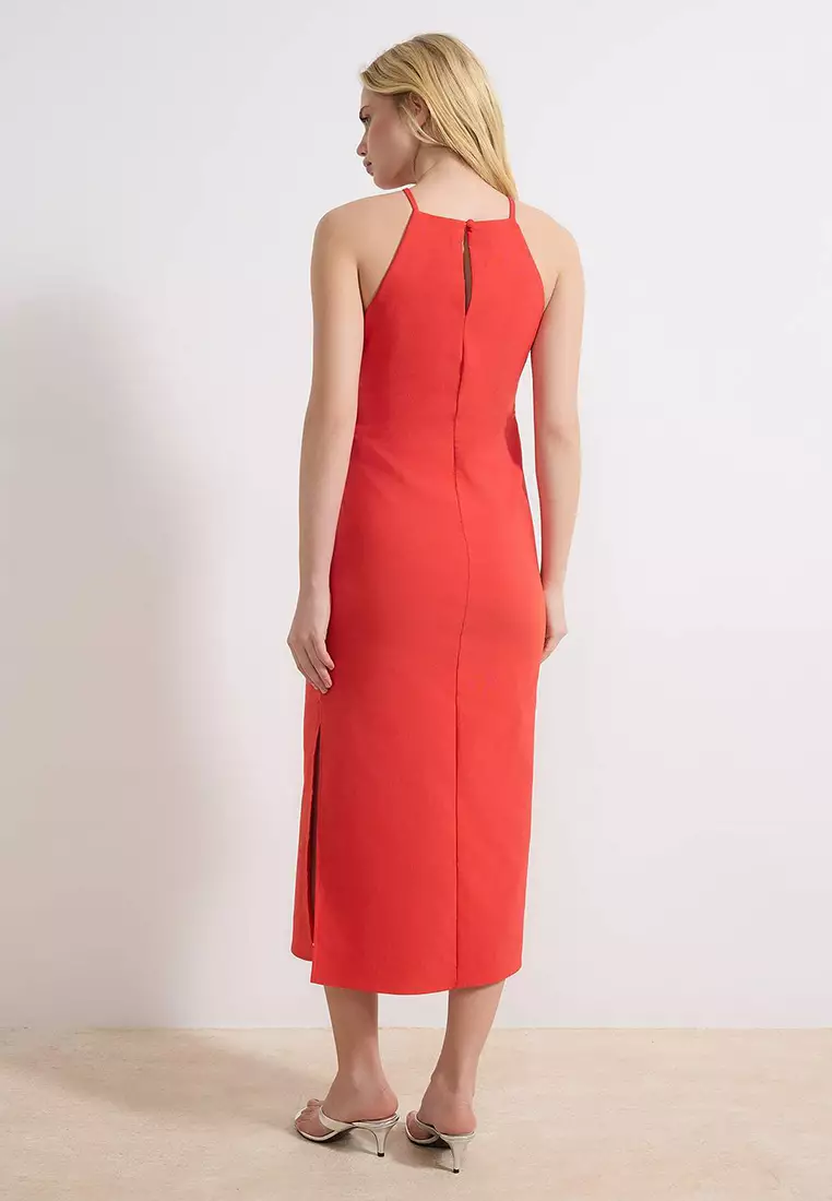 Red Slit Midi Woven Dress Twoss26El97