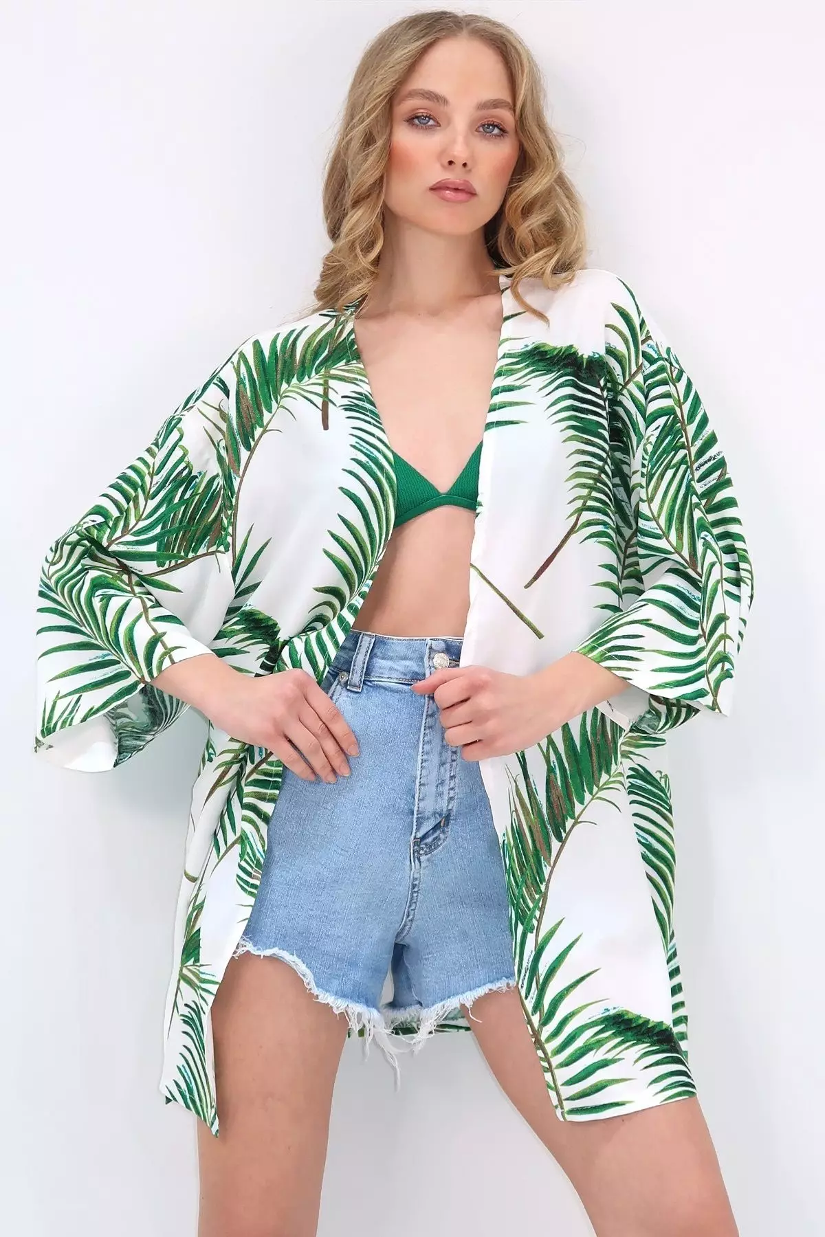Women's Green Print Kimono Jacket