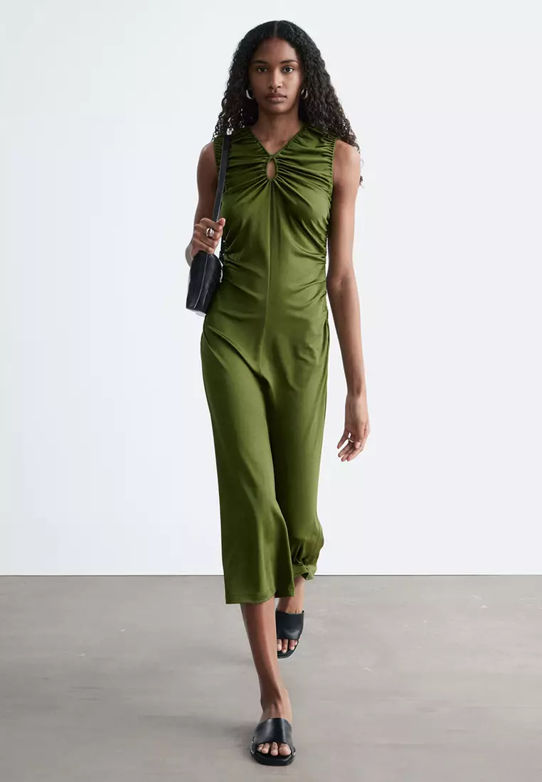 Ruched Keyhole-Neck Midi Dress
