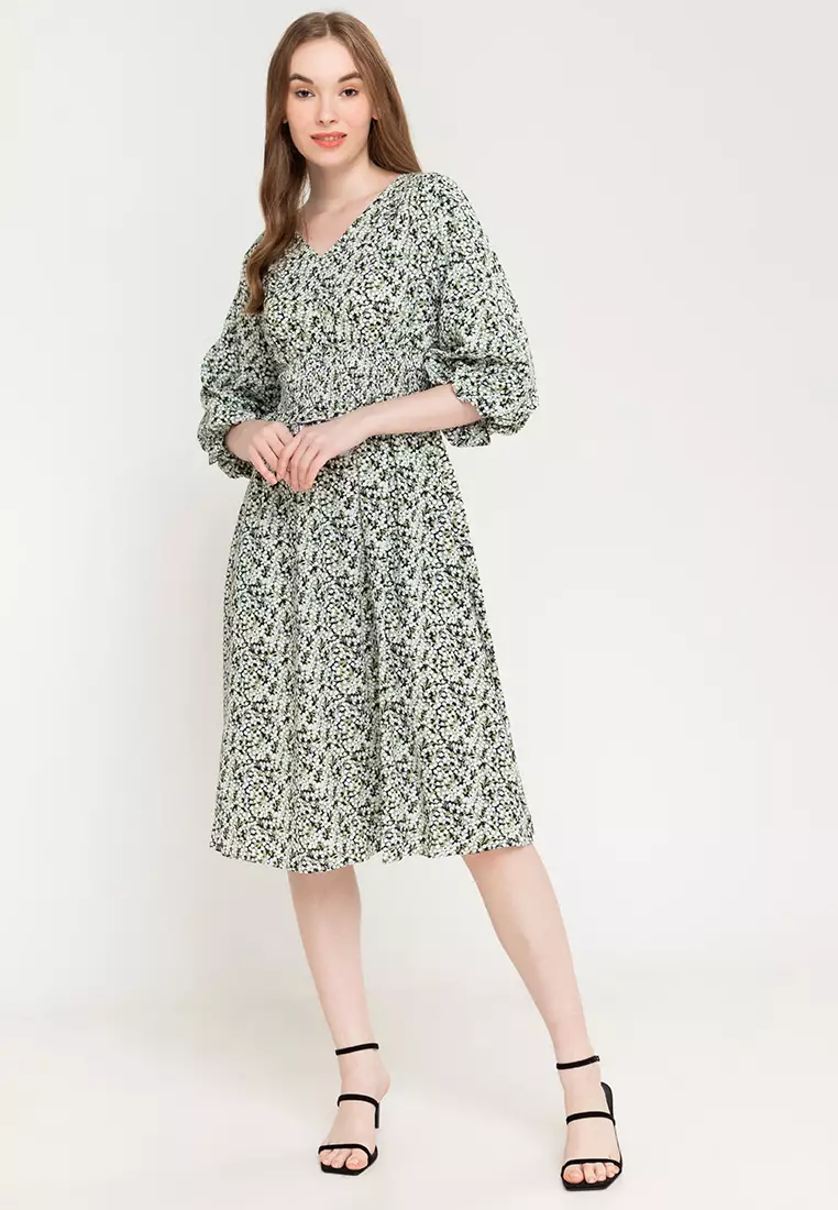 Clarence Printed V-neck Smocked Dress