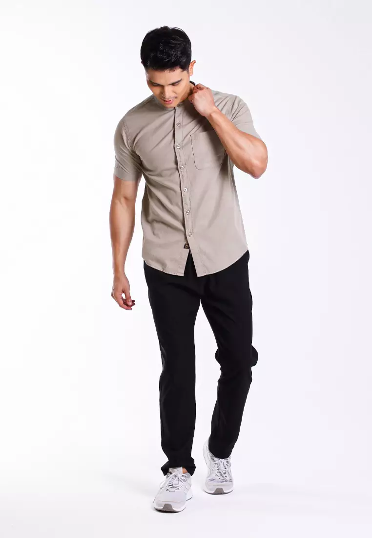 Forest Woven Mandarin Collar Short Sleeve Men Shirt | 621405-14KhakiGreen