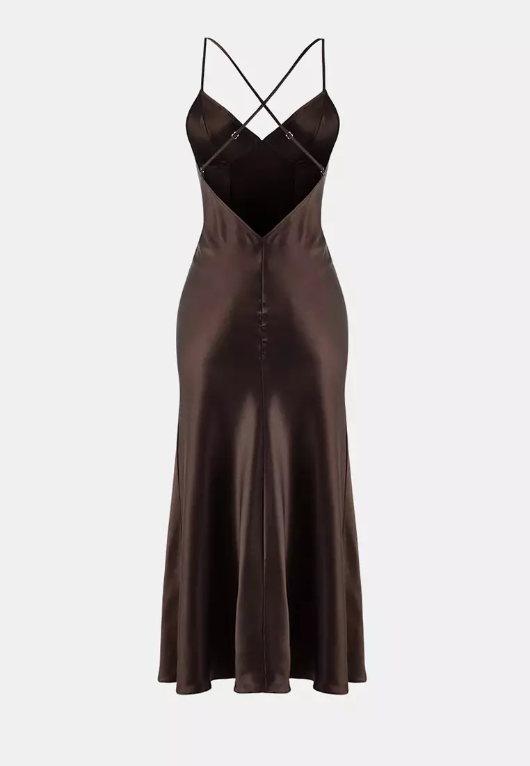 Brown Slit And Button Detailed Strap Satin Woven Nightgown Thmaw26Gc
