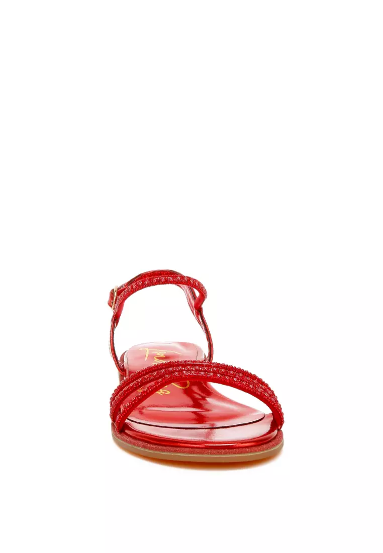 Rhinestone Pearl Detail Flat Sandals in Red