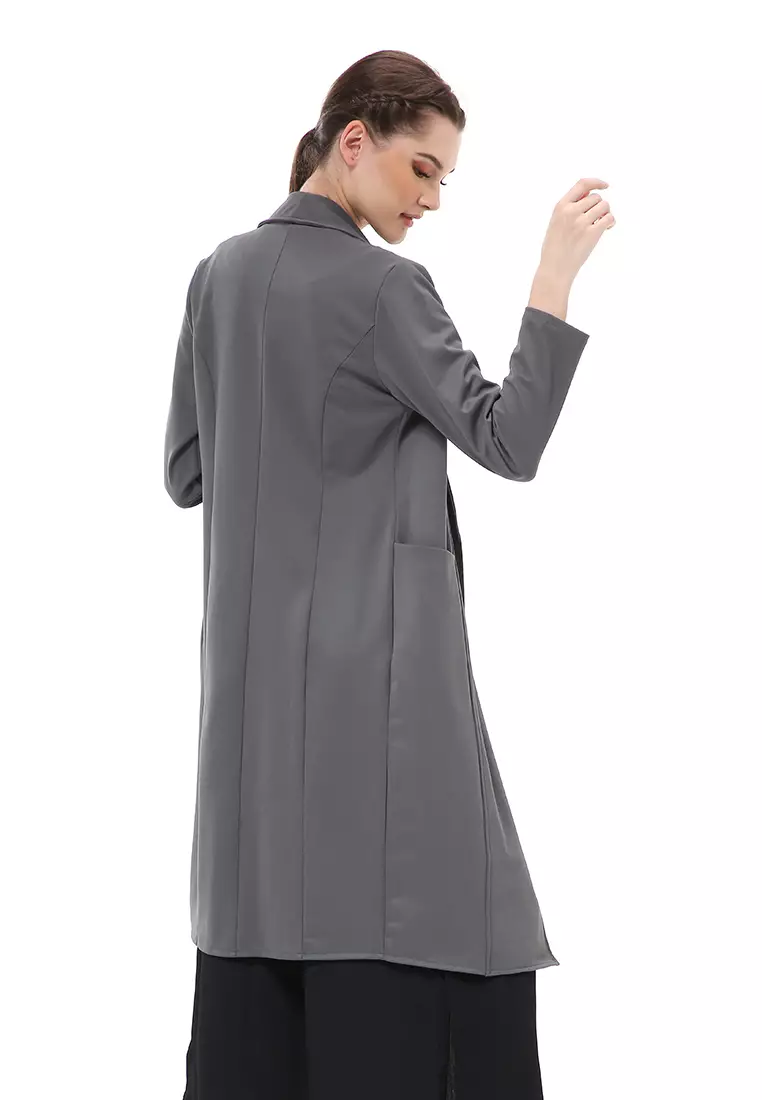Myra Outerwear Wanita Long Blazer Desain Kancing Plain Motive Material Wedges ORIGINAL - Dark Gray