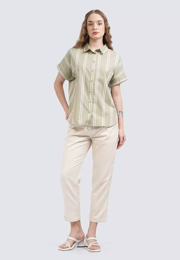 Short Sleeves Stripe Blouse OLIVE