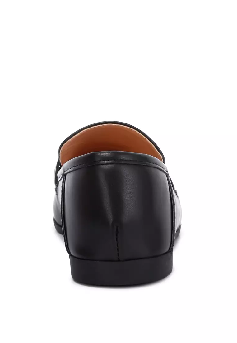 Horsebit Embellished Faux Leather Loafers in Black