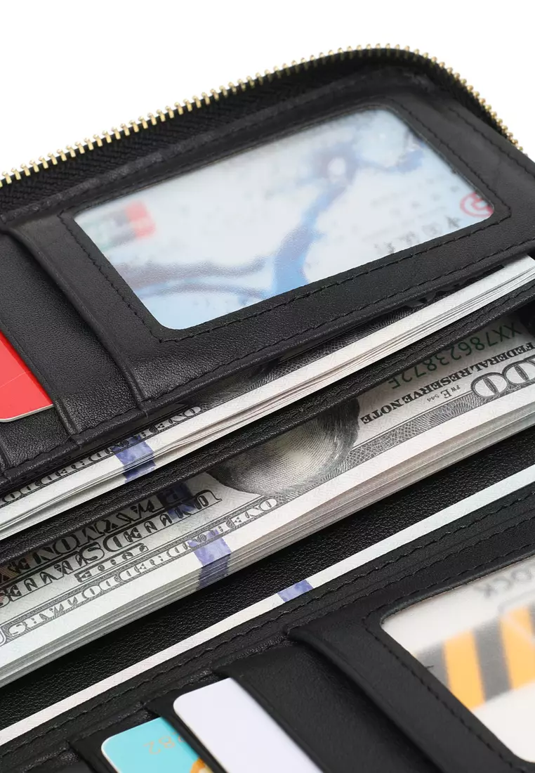 Genuine Leather Zipper Long Wallet - Black