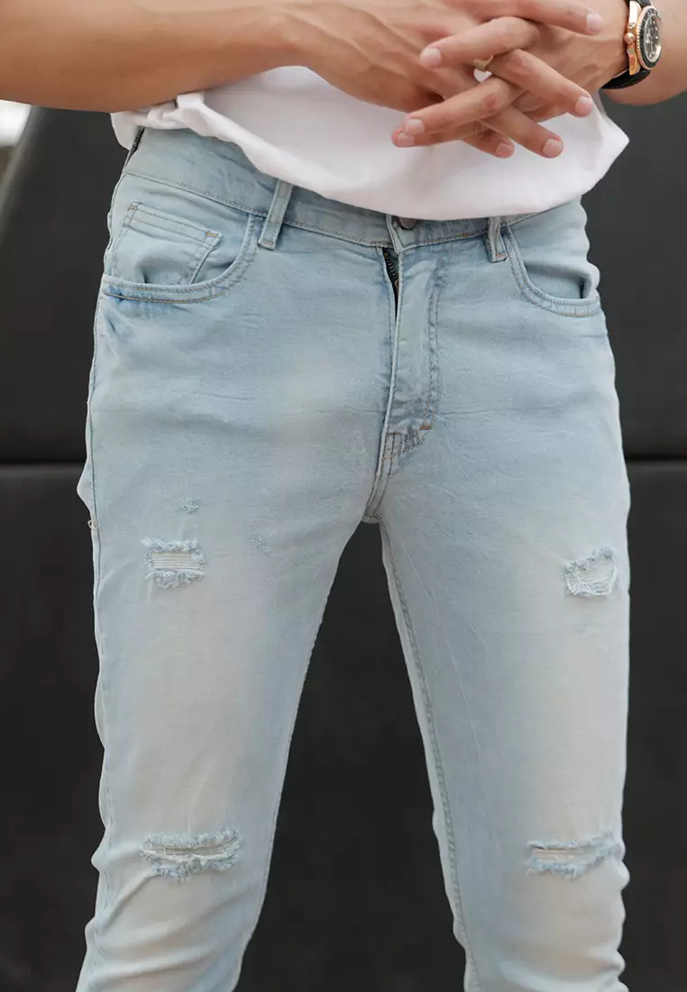Skinny Ripped Jeans Stretch Light Blue OXCON