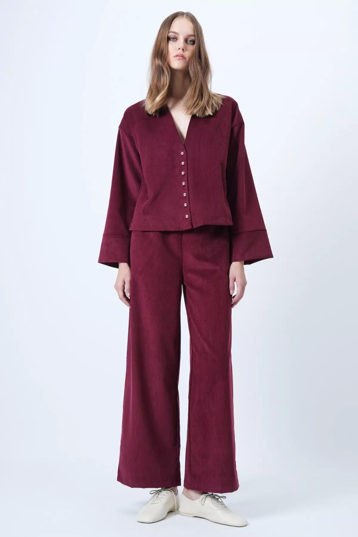 Burgundy Hakim Collar Gold Button Detailed Velvet Jacket And Palazzo Trousers Two-Piece Set Alc-X14633